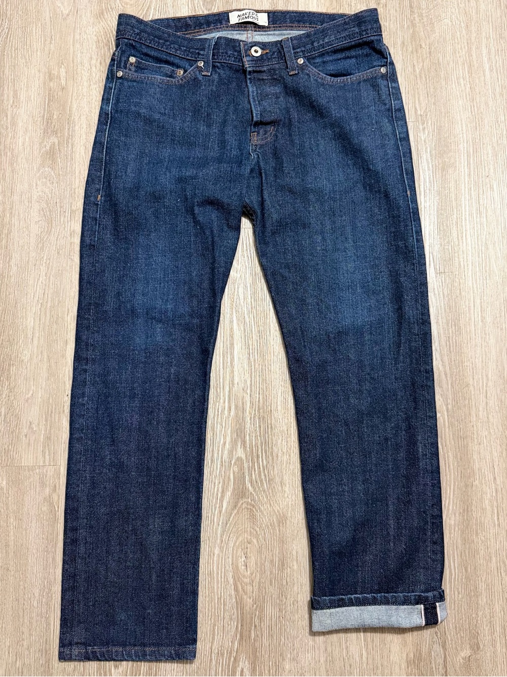 Naked & Famous Weird Guy Dark Wash Stretch Selvedge Jeans Mens 34 Button Fly